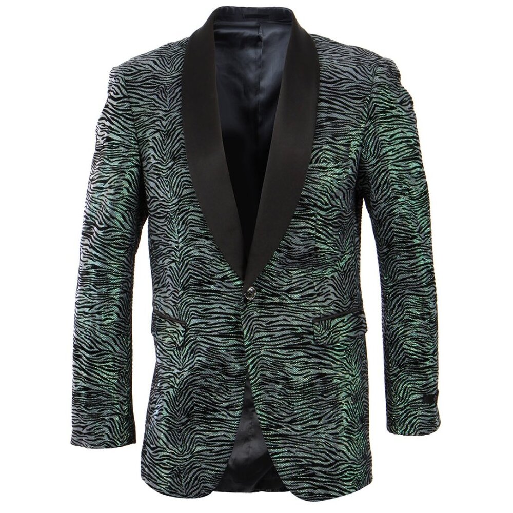 Green Zebra-Pattern Shawl Collar Blazer with Black Satin Lapel